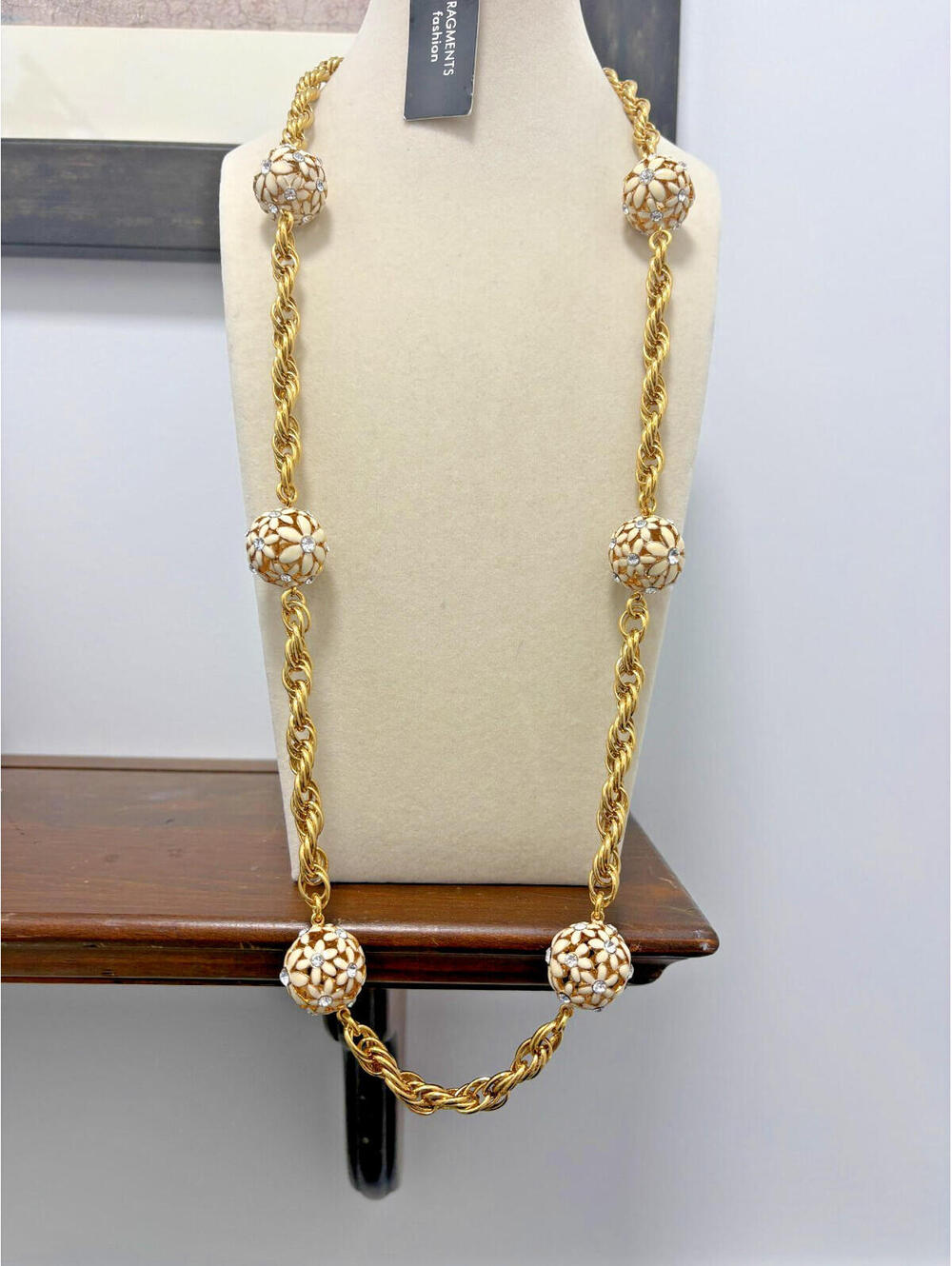 Ivory Enamel & Rhinestone Chunky Flower Ball Necklace Gold Tone Chain 32" $115